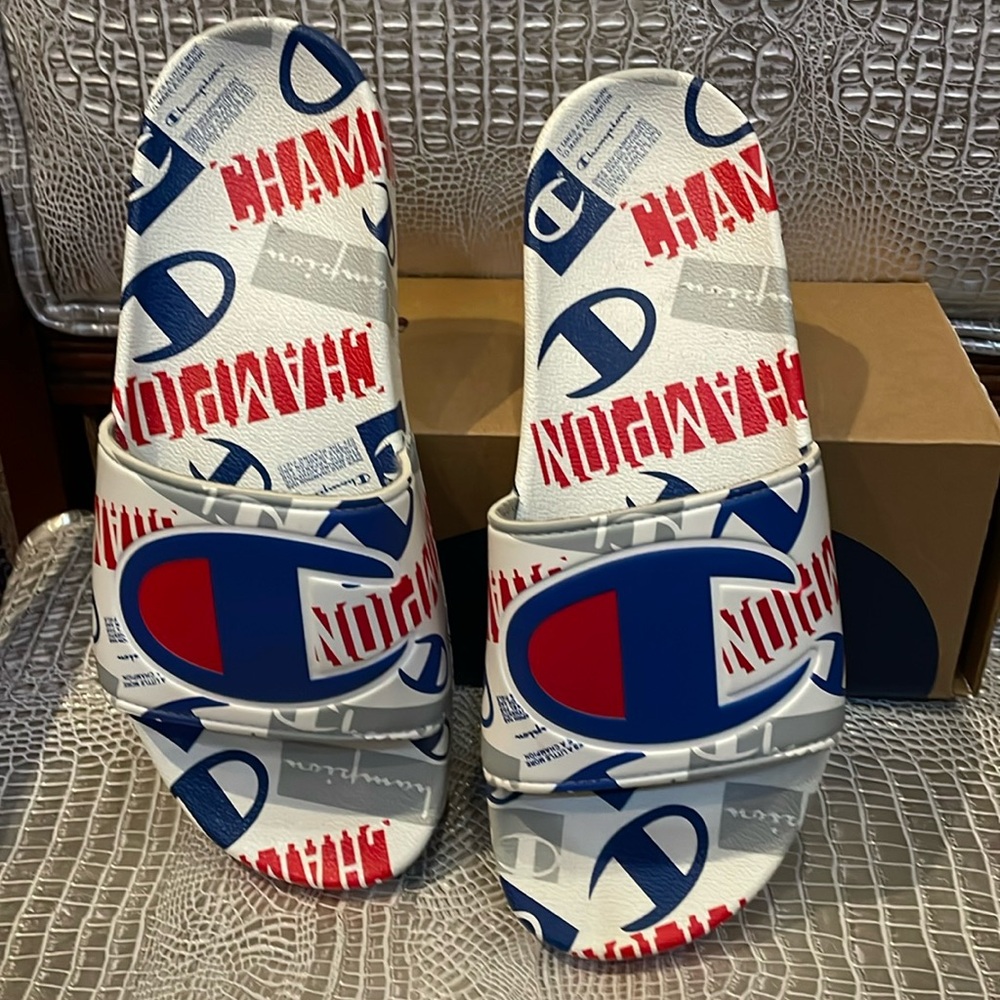 Champion White Slides with Red and Blue Logo Print - Picture 2 of 4